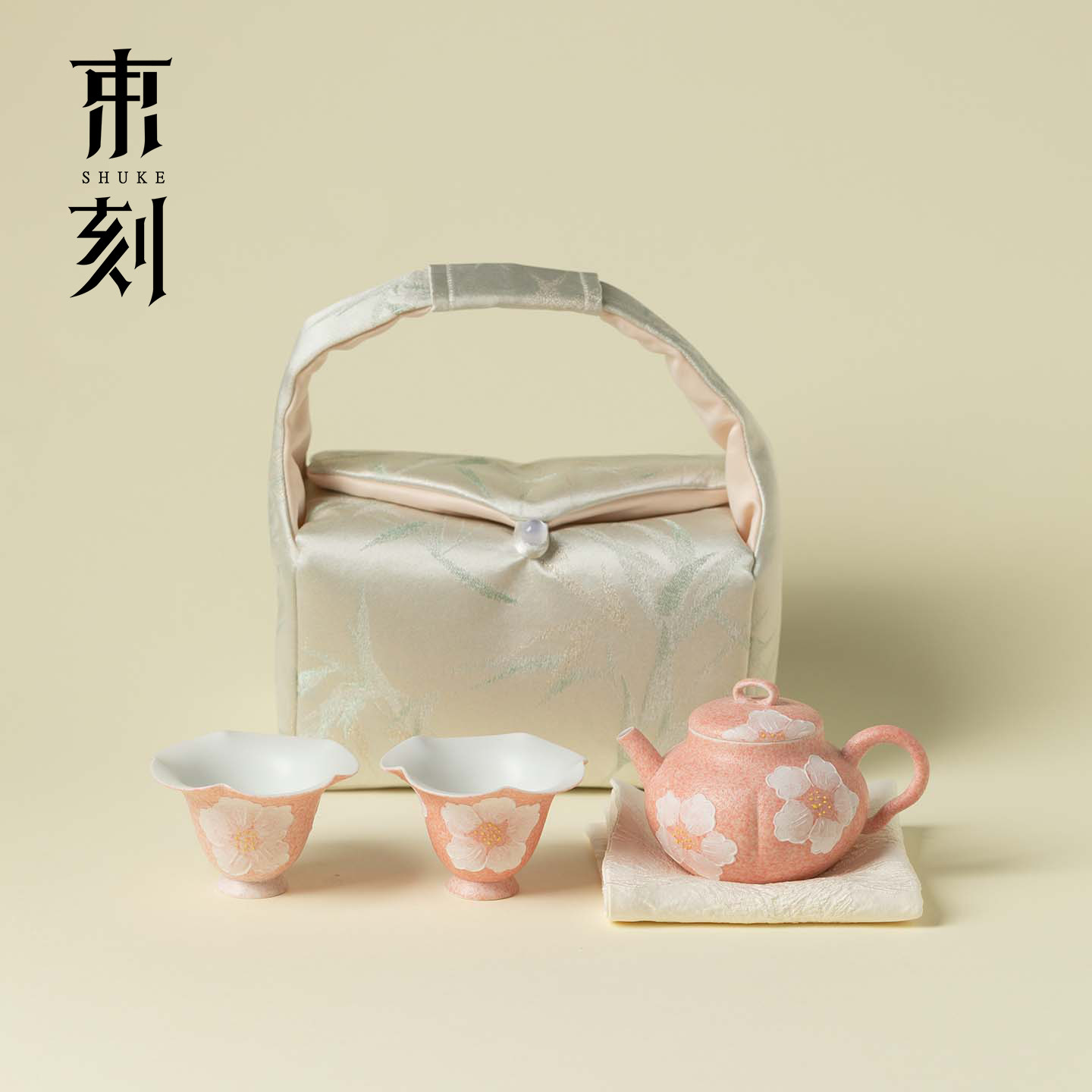 束刻高颜值粉黛手绘山茶花一壶二杯茶事套装高档茶器乔迁送礼闺蜜