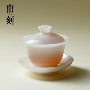 束刻 冰种璞玉瓷薄胎三才盖碗高档中国白瓷泡茶碗精致沏茶碗茶具