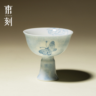 束刻 白瓷仿宋高足主人杯陶瓷手绘蝴蝶个人专用杯品茗杯喝茶单杯