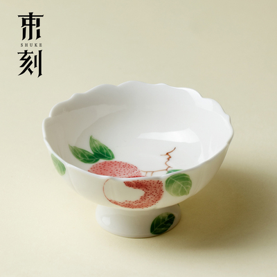 束刻 粉彩手绘红荔枝花口茶杯陶瓷高足杯高颜值个人专用杯品茗杯