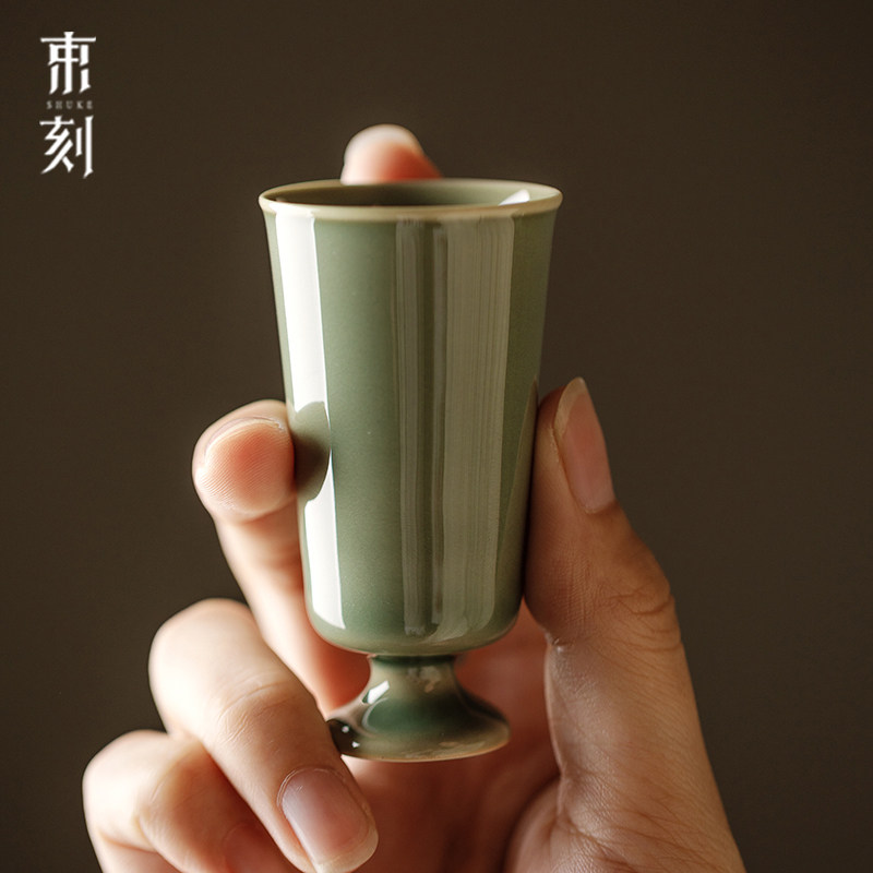龙泉青瓷白瓷纯色高足主人杯茶杯