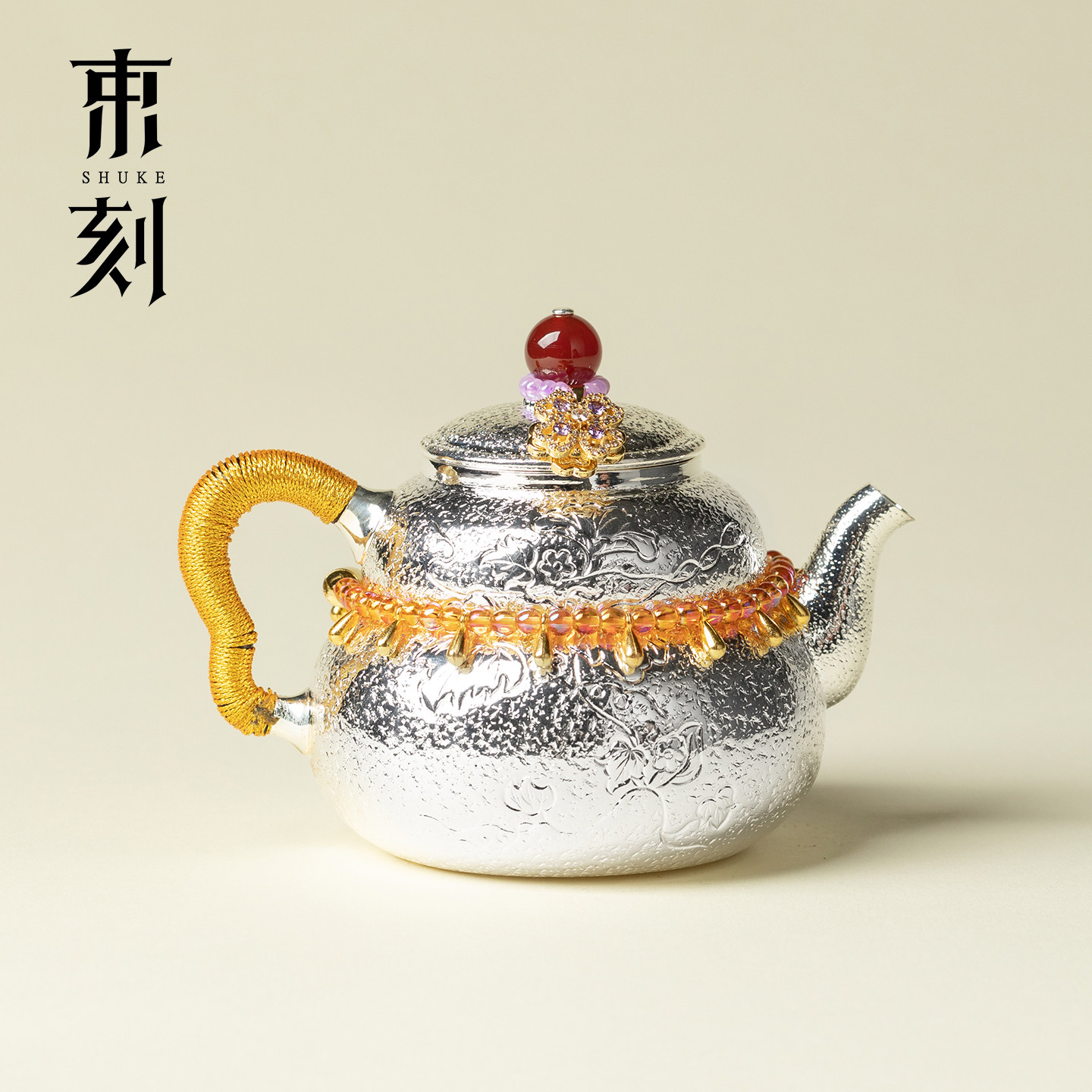 束刻手工锤纹花钮葫芦小茶壶银包铜茶具创意珍珠链编织泡茶壶送礼