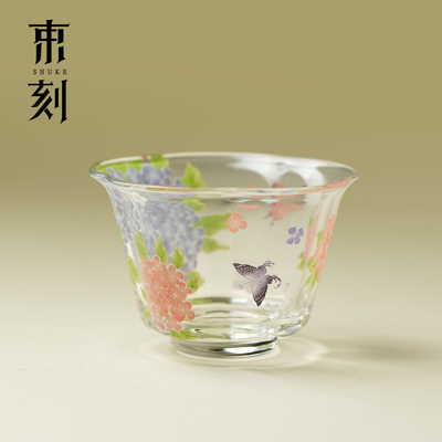 束刻锦簇绣球花玻璃茶杯喝茶品茗杯小清新高硼硅主人杯家用会客杯