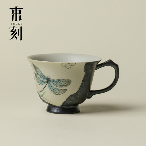 高端墨瓷手绘蜻蜓陶瓷主人杯