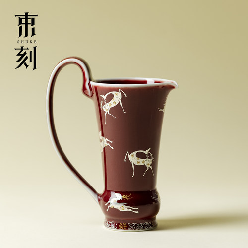 束刻 轻奢银彩麋鹿手提公道杯豇豆红窑变陶瓷茶海分茶器沏茶公杯