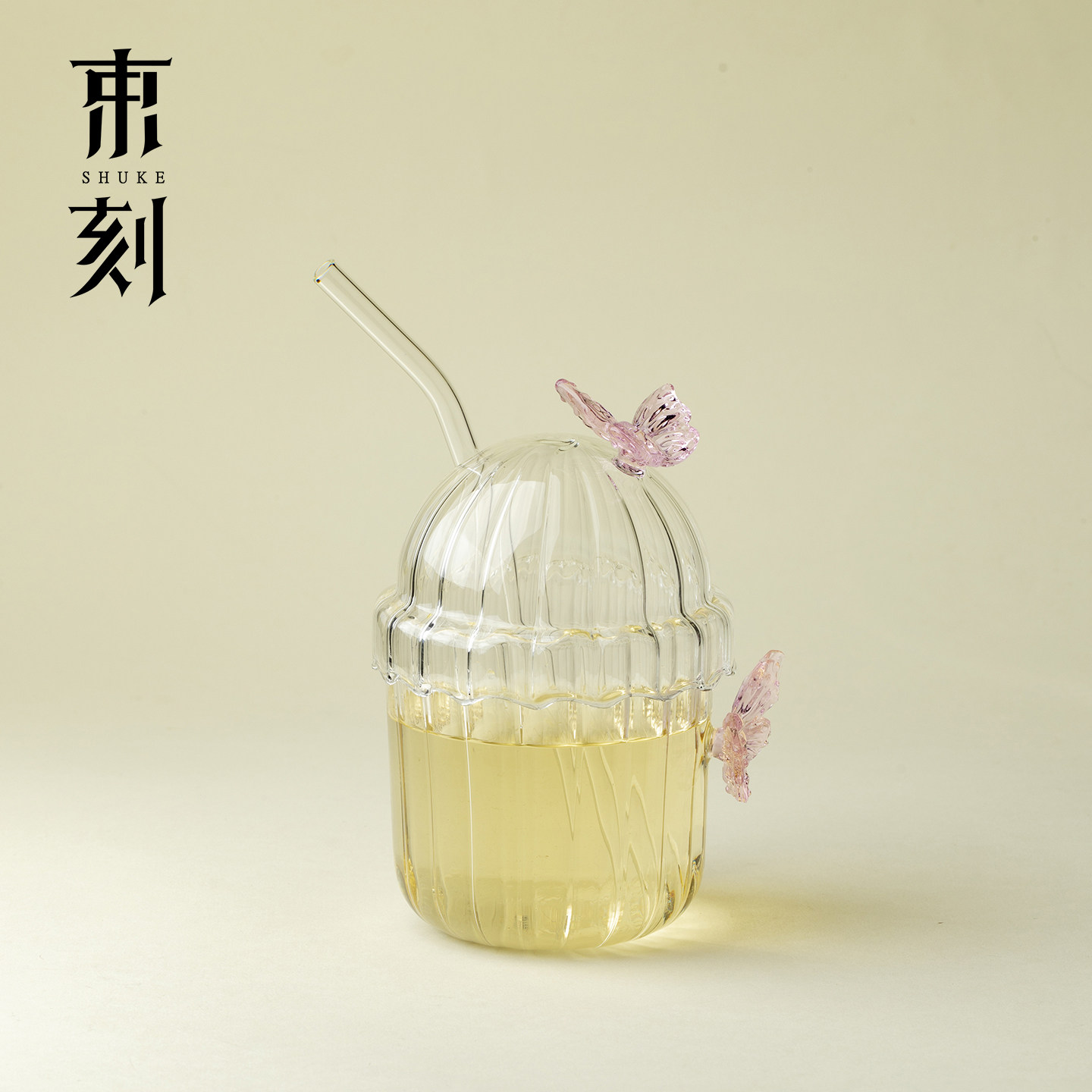 束刻高硼硅玻璃吸管杯水杯蝴蝶装饰直饮杯简约ins风耐高温饮料杯图片