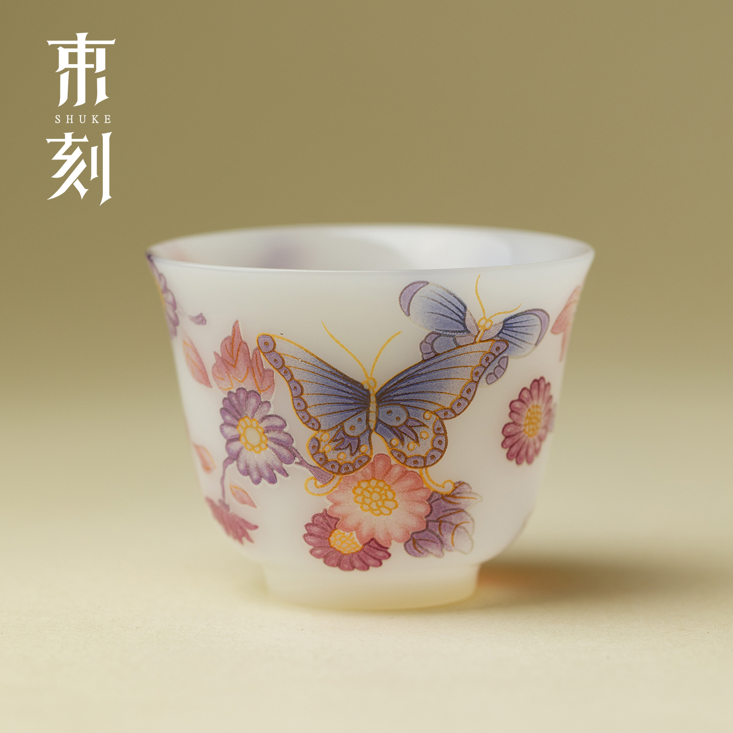 束刻蝶戏繁花冰种玉瓷功夫茶杯高端璞玉薄胎主人杯家用个人杯单杯