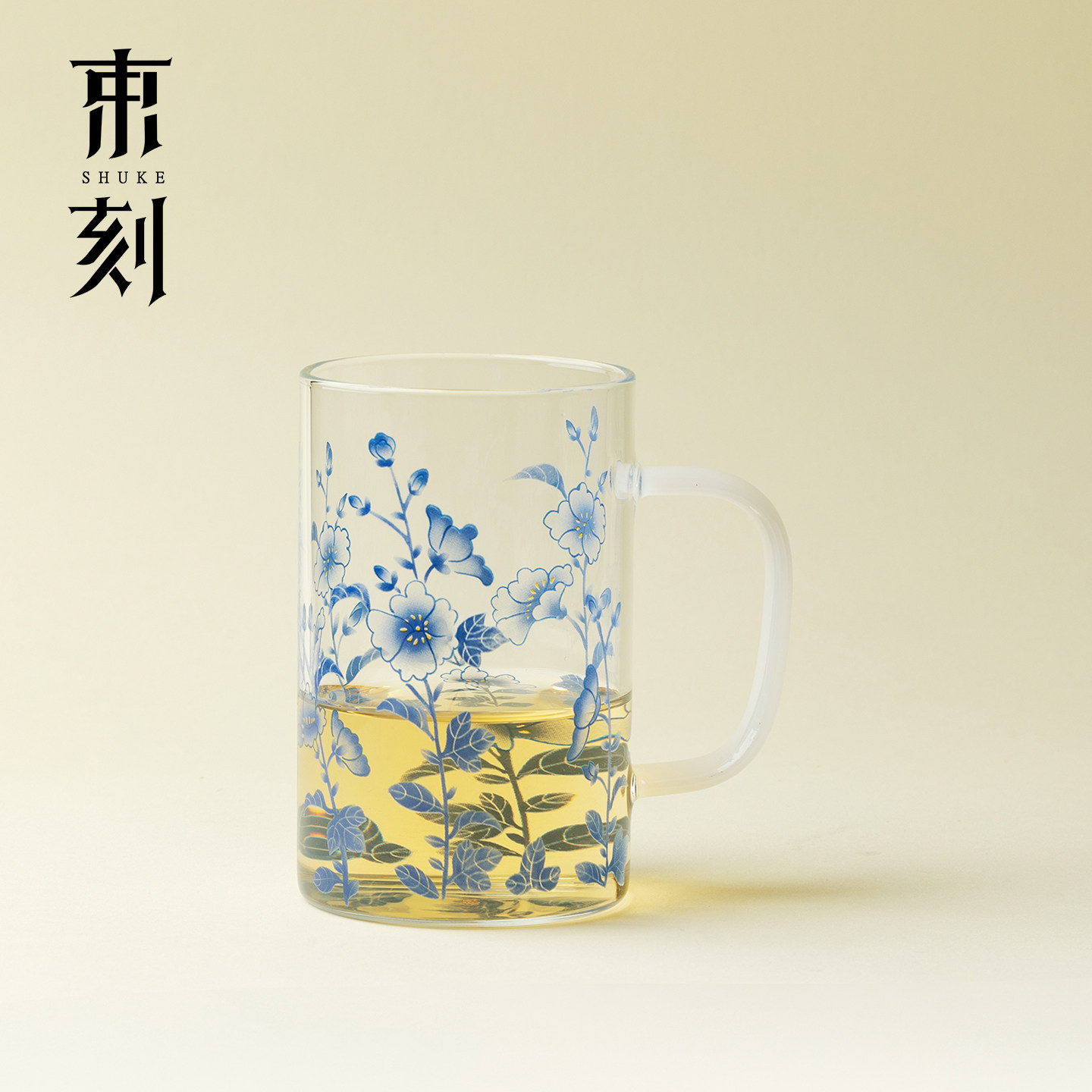 束刻 青花蜀葵耐热玻璃水杯清新风家用冷萃杯绿茶杯个人专用茶杯