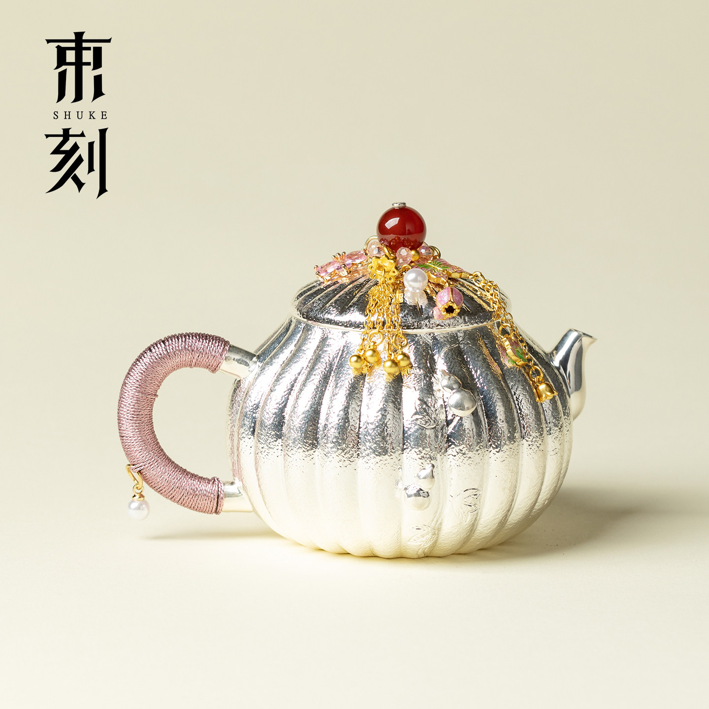 束刻手工锤纹梦蝶南瓜壶银包铜茶茶壶创意提留女士泡茶壶单壶送礼