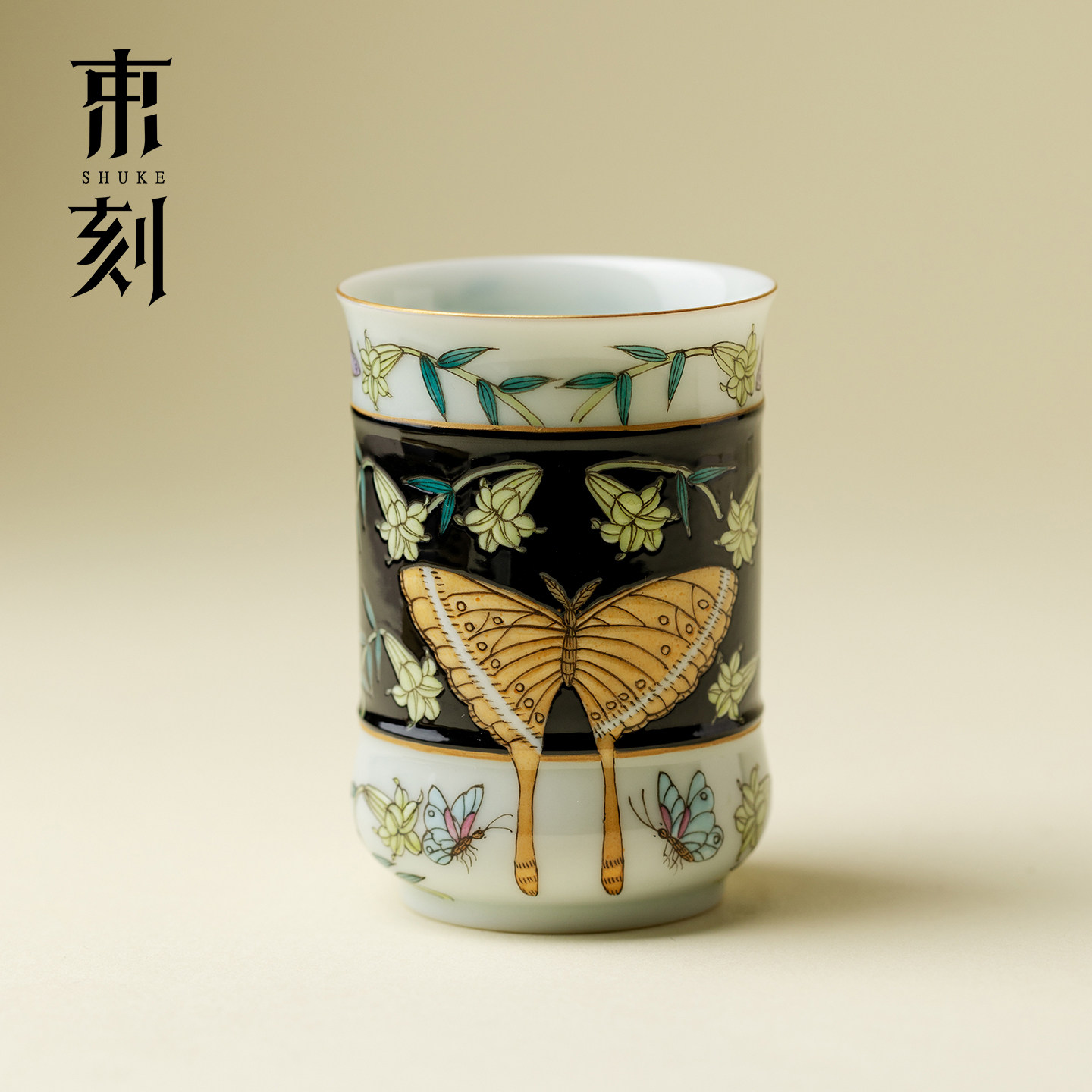 束刻手绘黑地粉彩秋枫主人杯景德镇全手工高颜值高档品茗杯喝茶杯