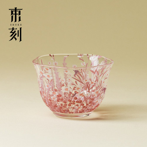 束刻粉屿玻璃花口茶杯品茗杯轻奢透明高硼硅品茗杯闻香杯喝茶杯子