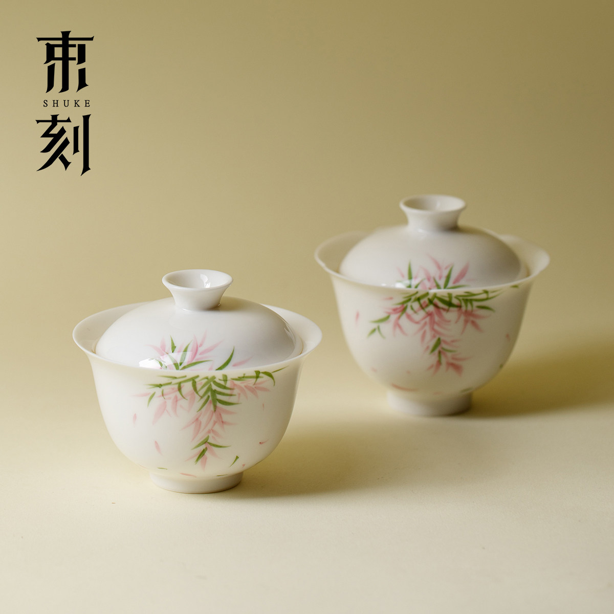 束刻玉泥白瓷薄胎二才盖碗手绘紫藤功夫茶具泡茶碗高档单个喝茶碗