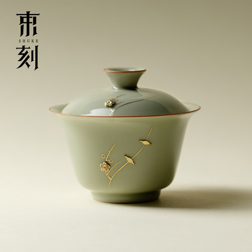 束刻青瓷锔钉二才盖碗薄胎不烫手仿古铜钉工艺功夫茶具高档泡茶碗