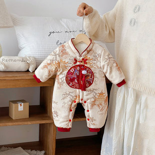 婴儿衣服秋冬哈衣百天周岁礼服宝宝连体衣夹棉加厚中式唐装拜年服