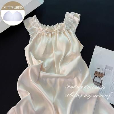 网红ins宫廷风睡衣睡裙女新款夏季冰雪丝绸背心凉感带胸垫家居服