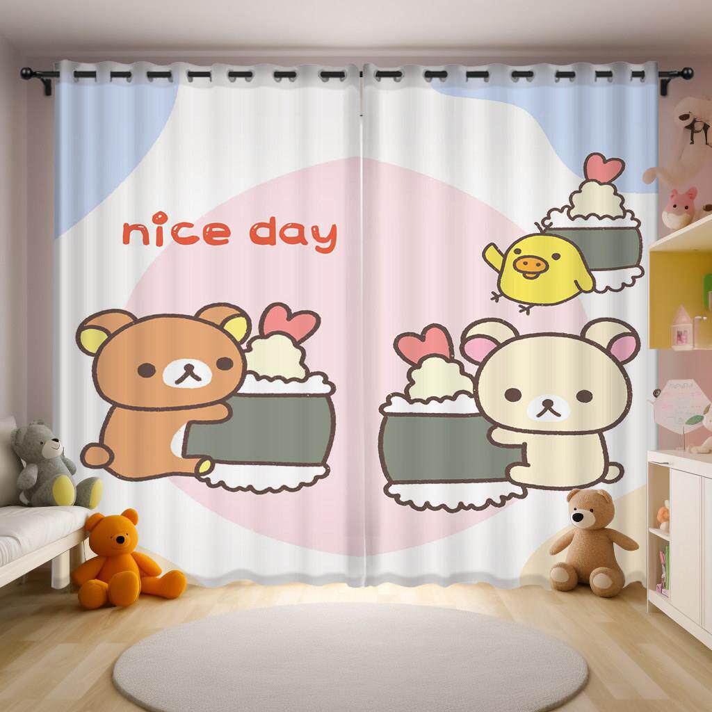 卡通轻松熊可爱定制窗帘儿童房卧室遮光装饰背景布免打孔短帘纱帘