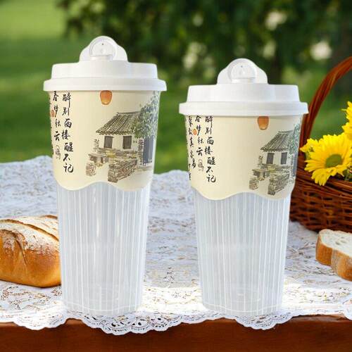 一次性加厚膜内贴茶饮杯柠檬注塑奶茶杯水果网红国风奶茶PP杯子