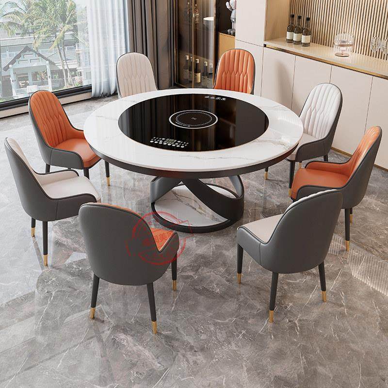 轻奢岩板餐桌椅组合多功能内嵌电动转盘电磁炉火锅现代简约圆饭桌,住宅家具,岩板餐桌,淘宝优惠券,粉丝福利购,淘宝优惠卷