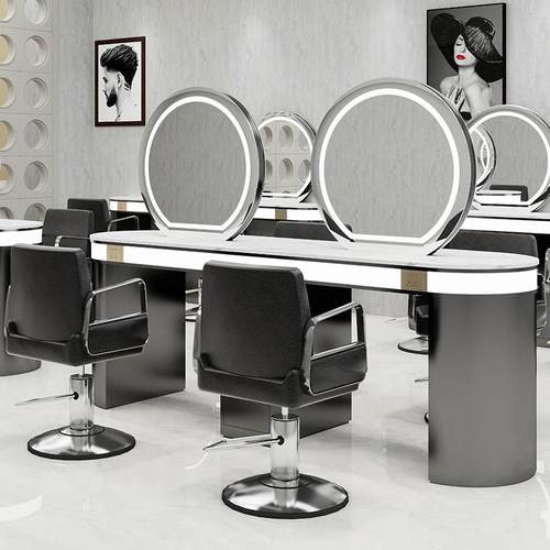 理发店镜台发廊专用烫染桌落地美发店剪发双面镜台带灯网红潮款