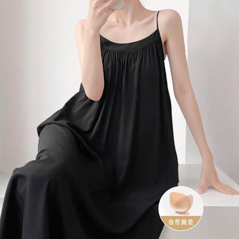棉绸睡裙女2026新款夏季纯色简约中长裙薄款宽松凉感吊带胸垫睡衣