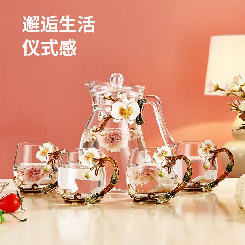 诺诗曼珐瑯彩高级感耐高温玻璃水壶水杯茶杯套装家用客厅待客茶具
