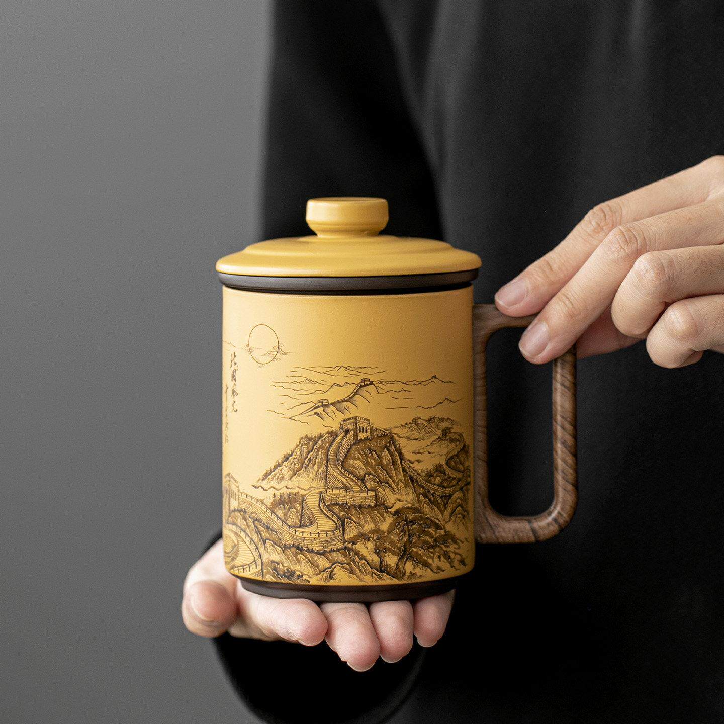 紫砂中国风陶瓷茶杯黄色带盖过滤泡茶杯办公家用男士个人专用礼物