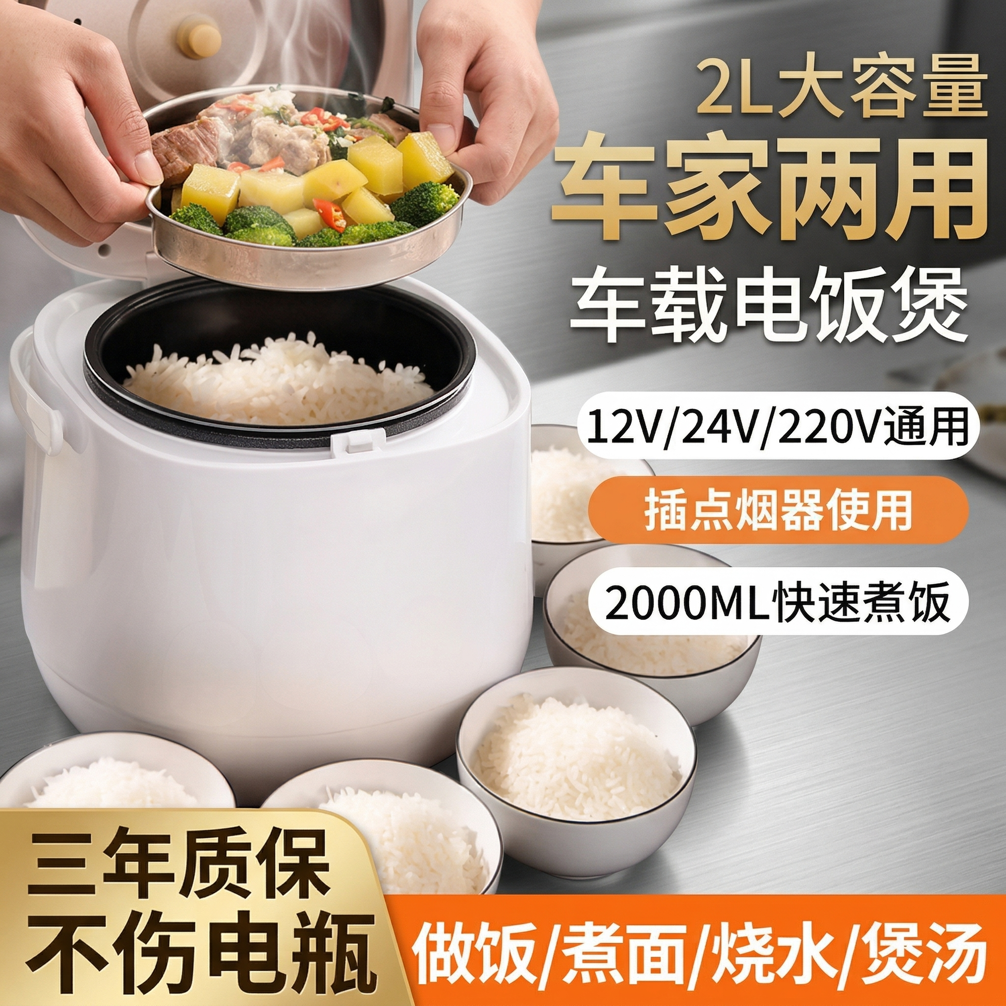 25新款车家两用电饭锅蒸煮一体12v小车24v货车220v家用车载电饭煲