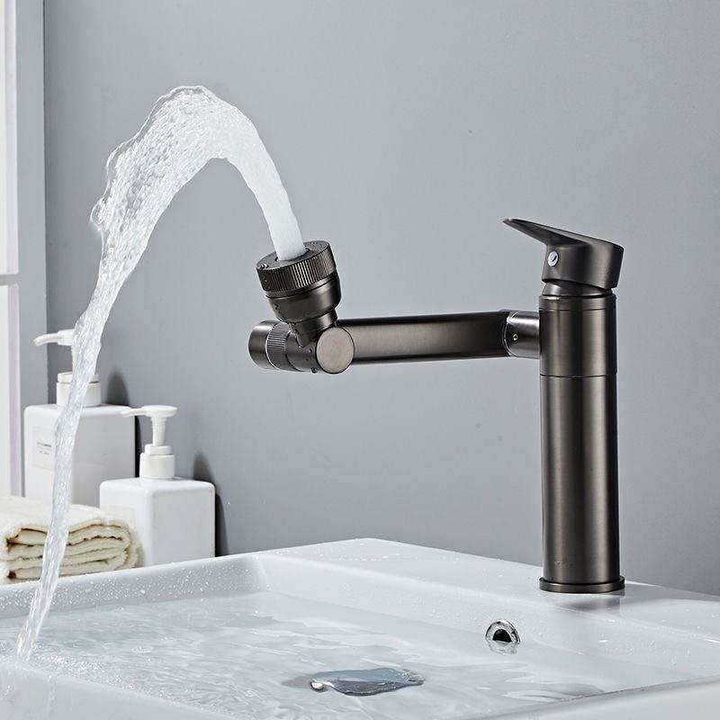 德国全铜洗脸盆冷热水龙头家用卫生间台上盆旋转枪灰色万向水龙头