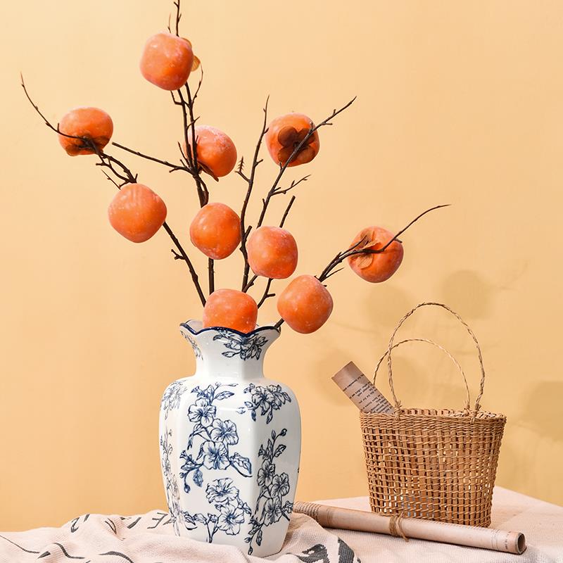 柿柿如意彷真柿子果实树枝假绿植摆设青花瓷花瓶摆件客厅插花装饰