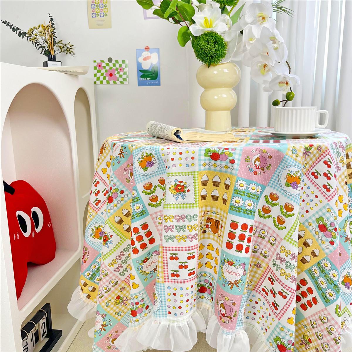 田园风花边ins风桌布少女卡通碎花圆桌方桌学生书桌垫网红绒布艺