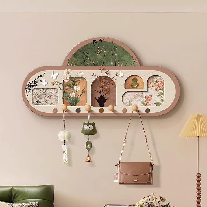 中古风洞洞板置物架客厅挂画入户门玄关衣帽架钥匙多功能收纳挂板