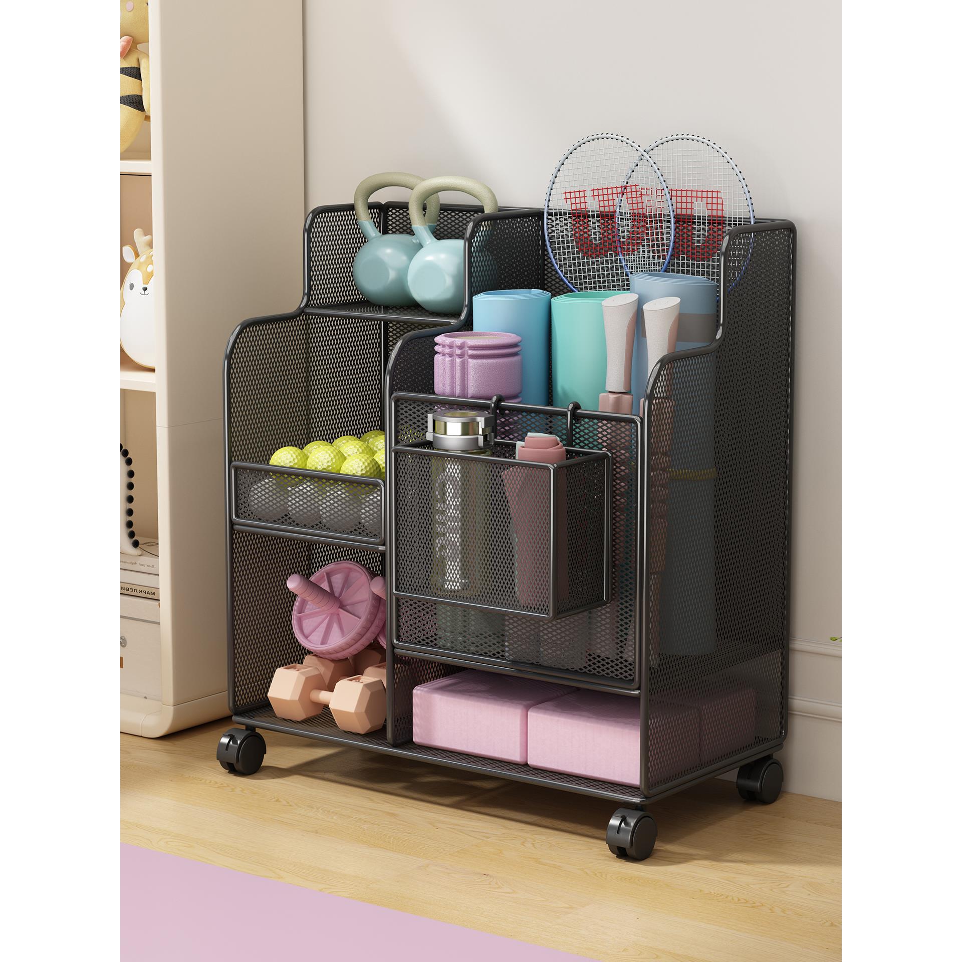 瑜伽垫收纳筐带轮健身运动器材收纳架家用夹缝羽毛球泡沫轴置物架