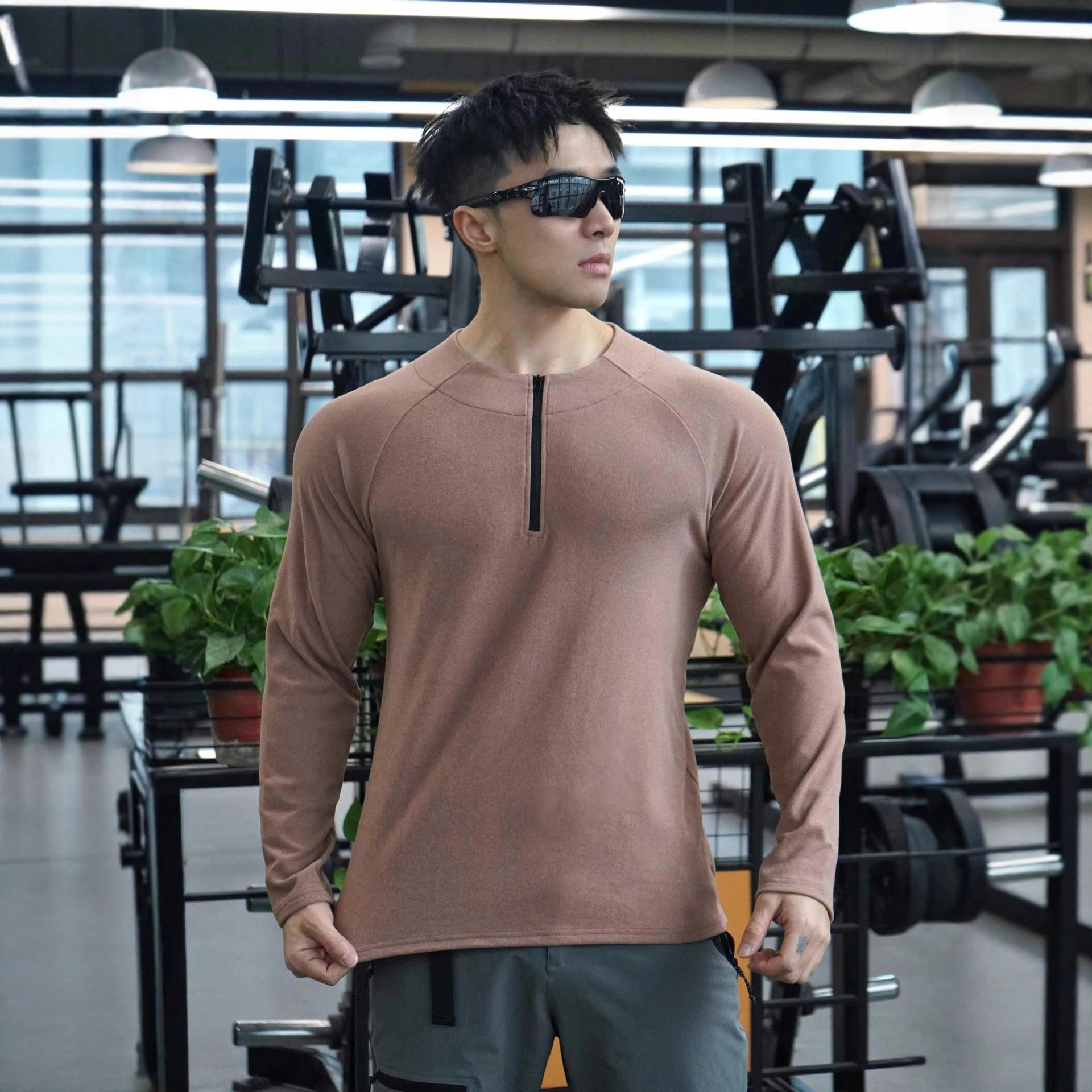 秋冬美式德绒保暖长袖男拉链T恤健身修身运动显大训练服跑步QQ