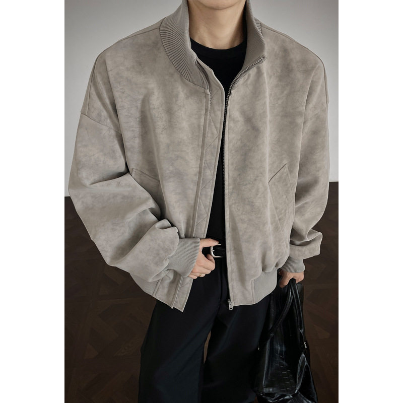 灰色扎染皮夹克男秋季美式复古boxy版型外套痞帅立领工装棒球服PP