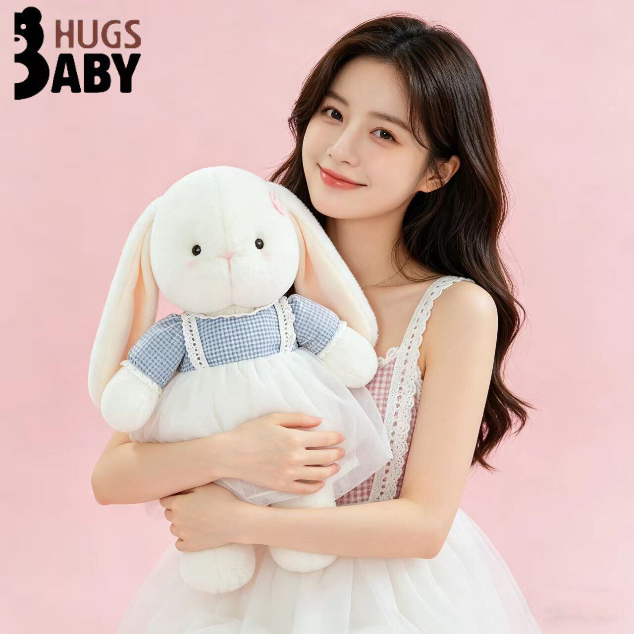抱抱宝贝少女风可爱萌兔子毛绒玩具格纹围裙小白兔公仔安抚玩偶礼