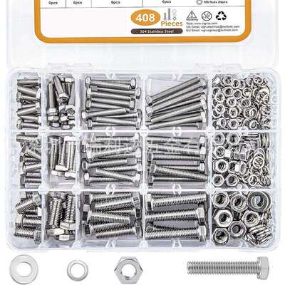 跨境货源408pcs盒装304不锈钢外六角螺丝螺栓组合配螺母平垫套装