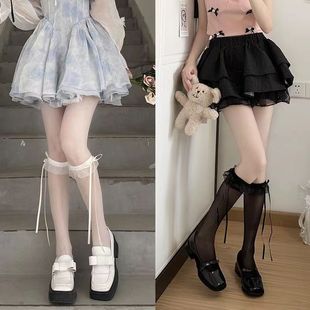 薄款 夏季 甜美白色小腿袜纯欲风花边蕾丝蝴蝶结可爱飘带长筒过膝