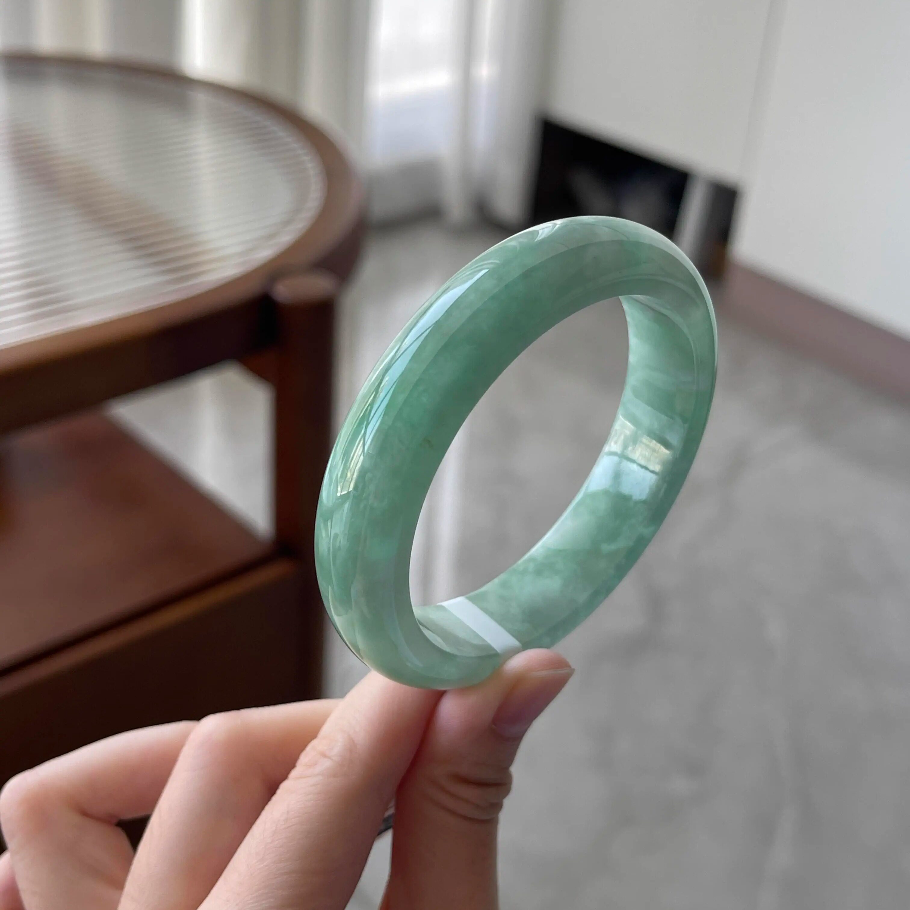 玉长情【青绿系列】冰种缅甸翡翠玉手镯子浅油青春彩高冰透真玉镯