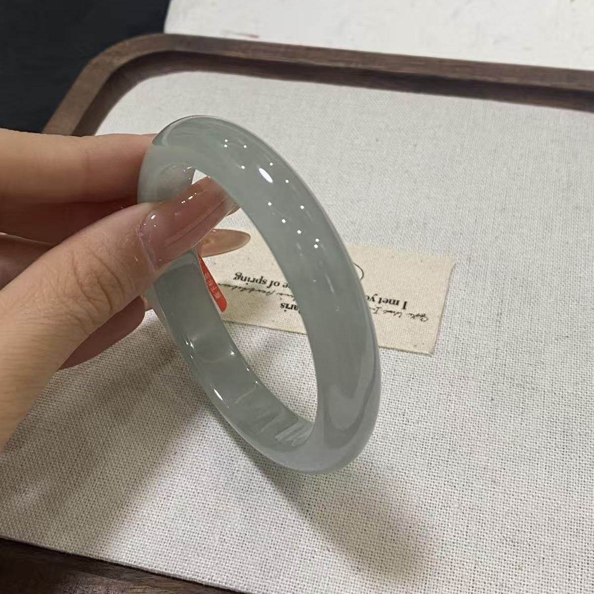 玉长情【丹青系列】缅甸冰种飘花翡翠玉手镯子正品油青女贵妃处理