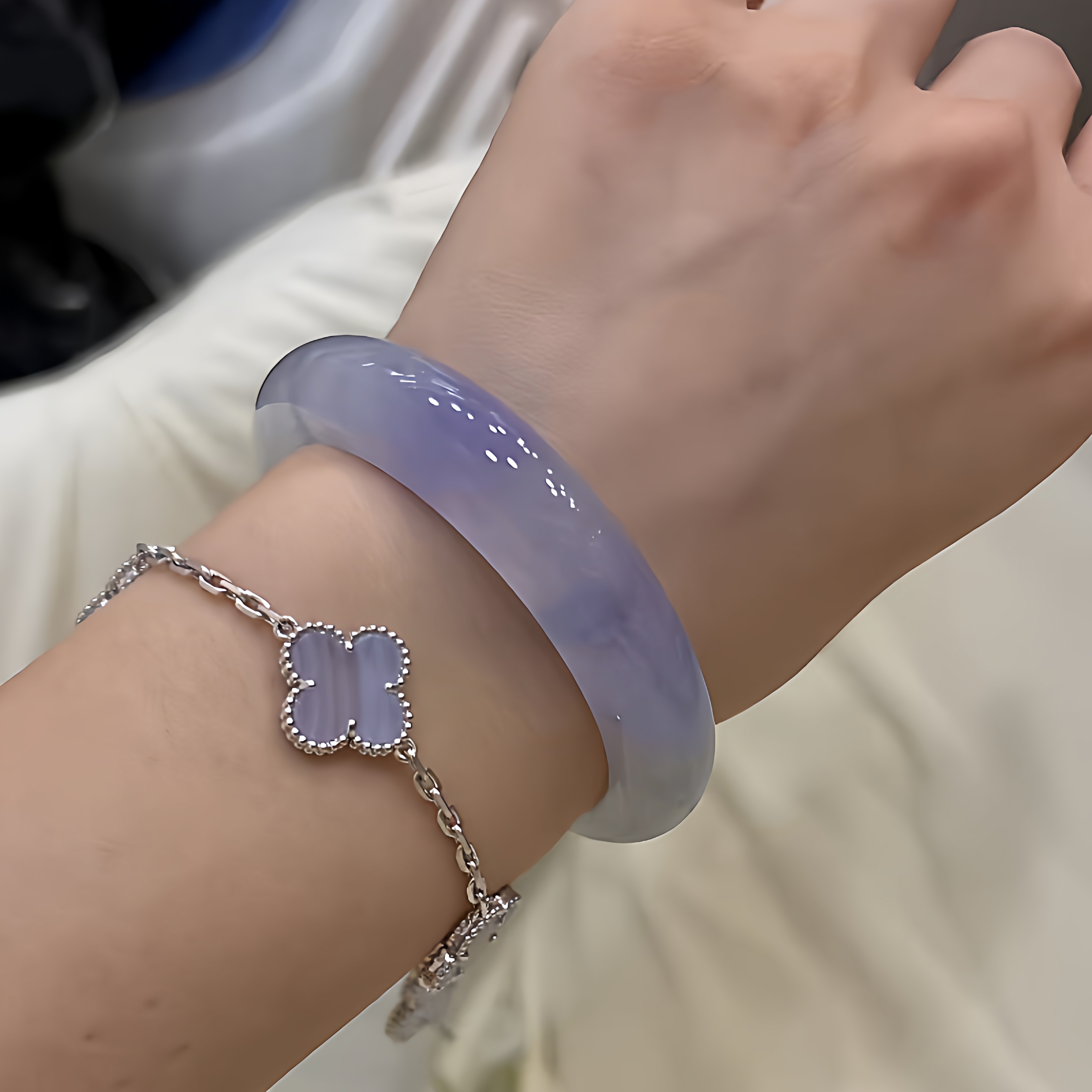 玉长情【烟墨系列】冰种紫罗兰翡翠玉手镯子贵妃镯飘花真玉石处理