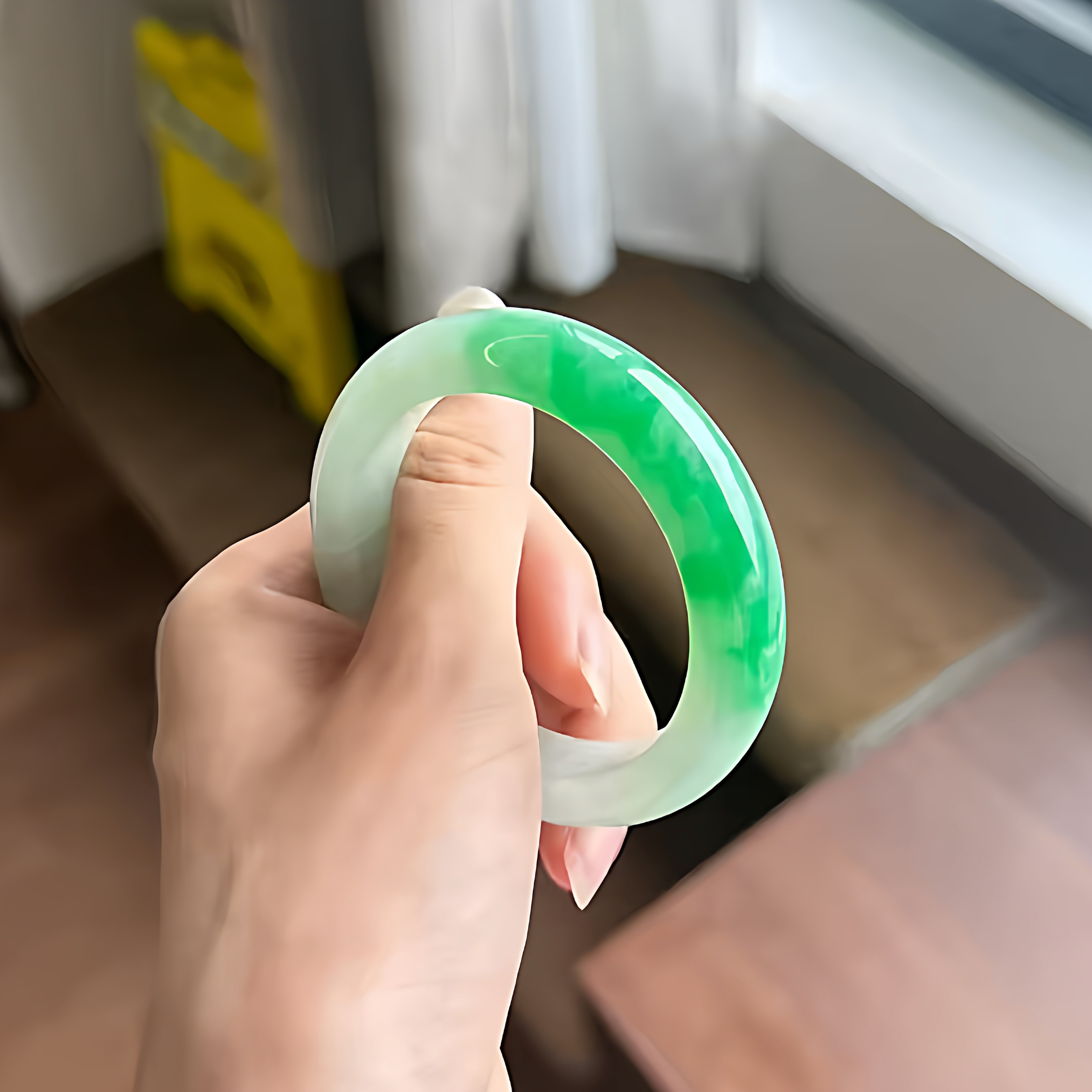 玉长情【山青系列】翡翠玉手镯子缅甸冰种飘花半山水玉镯玉石处理