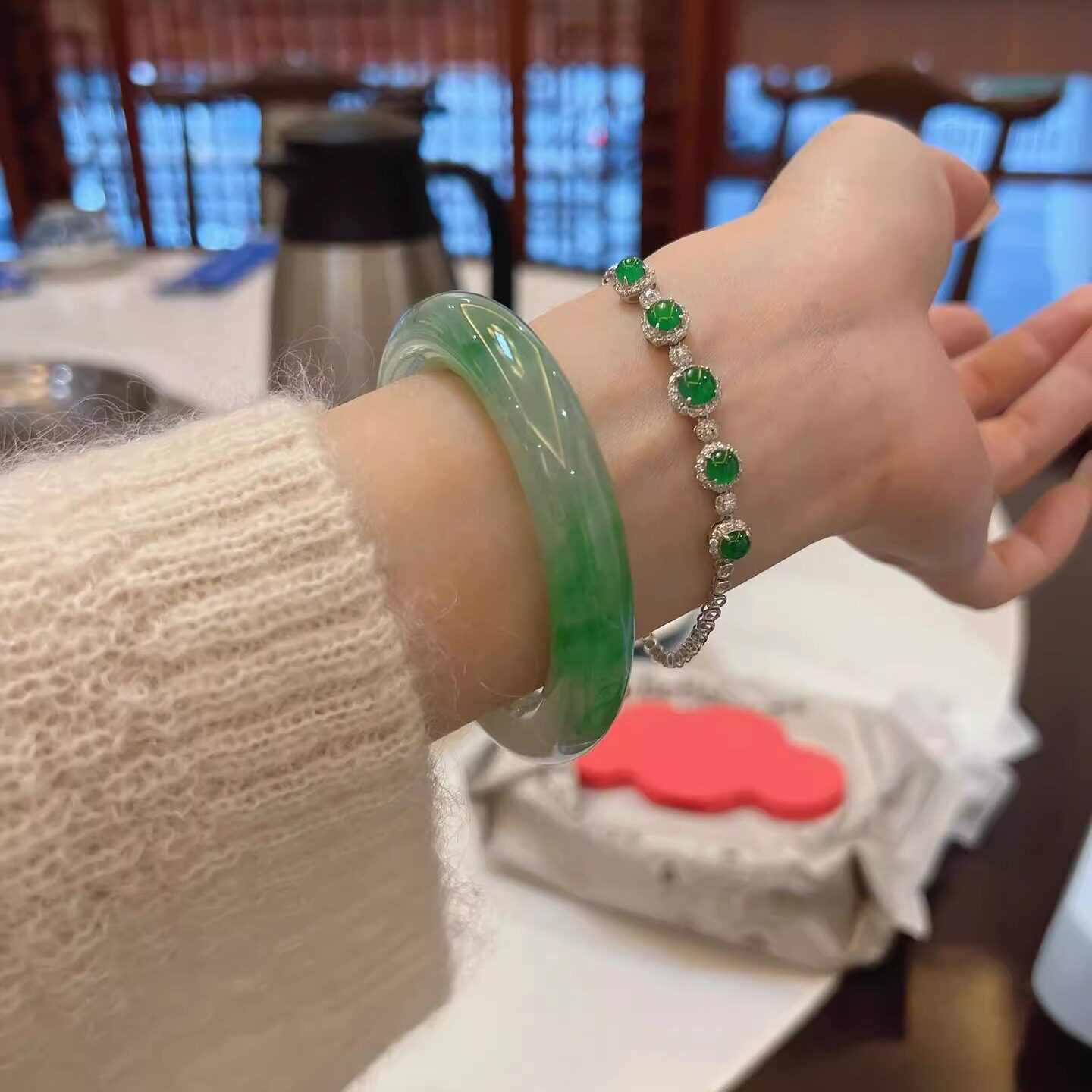 玉长情【百花系列】缅甸冰种翡翠玉手镯子女款浅绿冰飘花真玉饰品