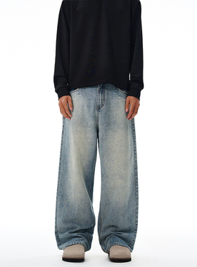 SANDY 美式复古莱赛尔做旧牛仔裤男cleanfit直筒宽松阔腿长裤子