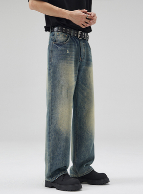 SANDY美式直筒牛仔裤男复古百搭休闲宽松微锥做旧破洞休闲长裤