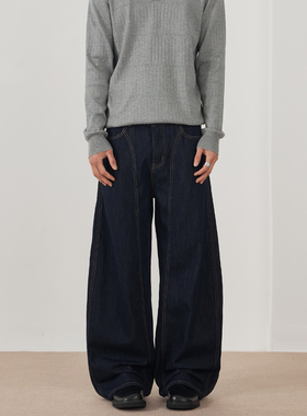 SANDY 直筒原色丹宁弯刀裤新款阔腿百搭美式复古宽松牛仔裤男女