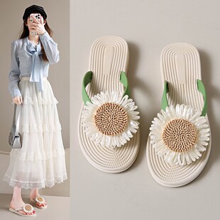 沙滩女士拖鞋 夏季 向日葵仿麻绳草旅游外穿人字拖女平跟夹脚夹板鞋