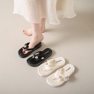 沙滩鞋 耐磨防滑平底夹脚夹板鞋 女 女士夏外穿时装 布花花朵人字拖鞋
