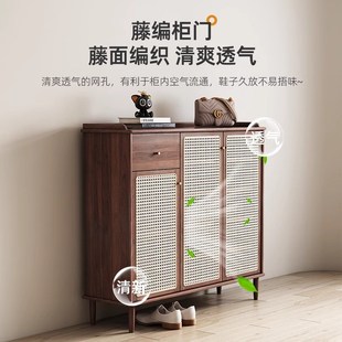 柜家用门口大容量收纳置物柜复古藤编入户门厅玄关柜 中古风实木鞋