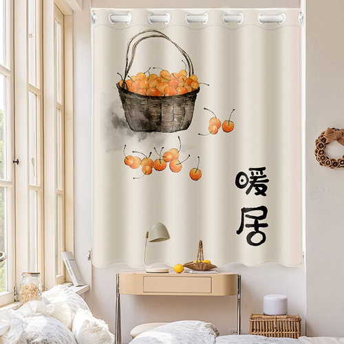 中式卧室小窗帘短免打孔安装杆一整套遮光2023新款卫生间简易飘窗