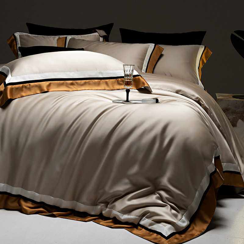 A类春夏季简约纯色60s双面莱赛尔天丝四件套凉感撞色拼接被套床品